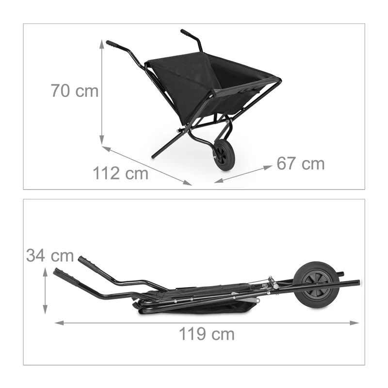 Brouette de jardin pliable légère pour vos travaux 87 x 52 x 20 cm avec poignées ergonomiques en acier noir 13_0010620