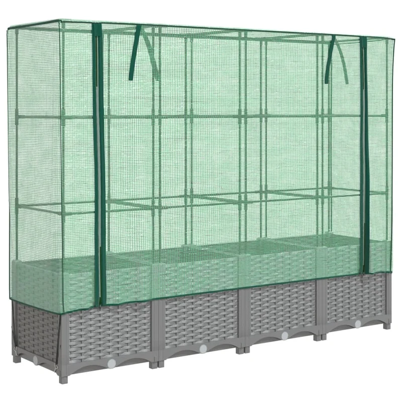 Jardinière bac lit surélevé plantes fleurs terrasse jardin surélevée avec housse aspect rotin 160 x 40 x 138 cm gris clair 02_0038754