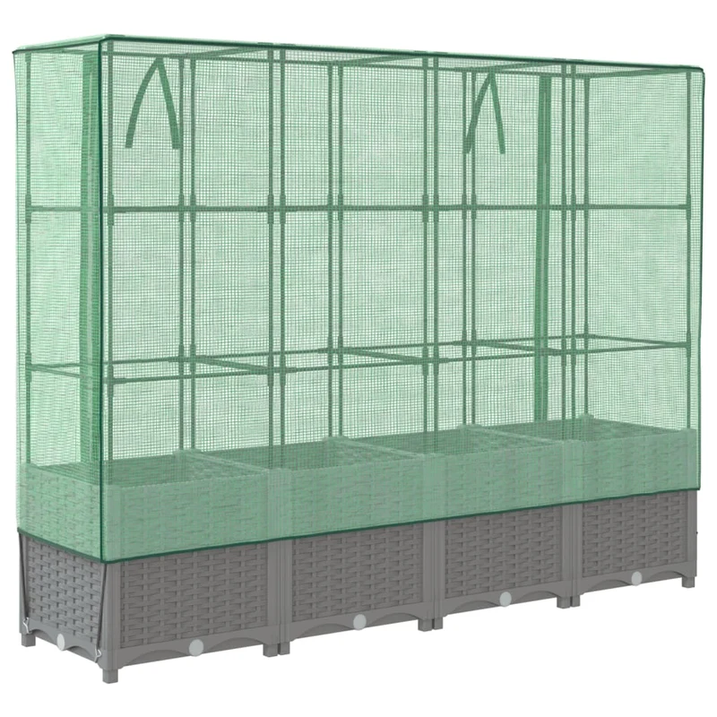 Jardinière bac lit surélevé plantes fleurs terrasse jardin surélevée avec housse aspect rotin 160 x 40 x 138 cm gris clair 02_0038754