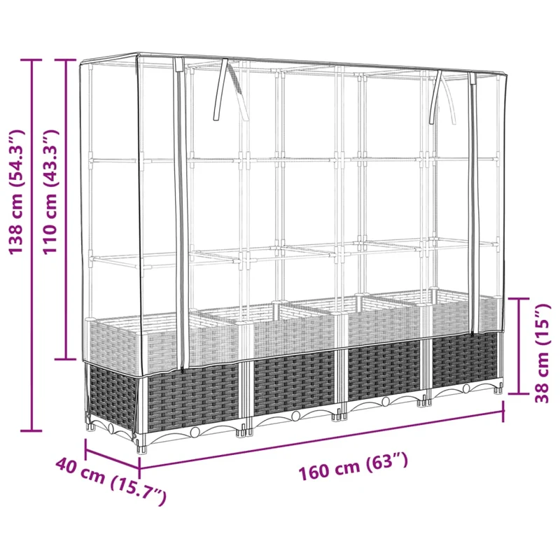 Jardinière bac lit surélevé plantes fleurs terrasse jardin surélevée avec housse aspect rotin 160 x 40 x 138 cm gris clair 02_0038754