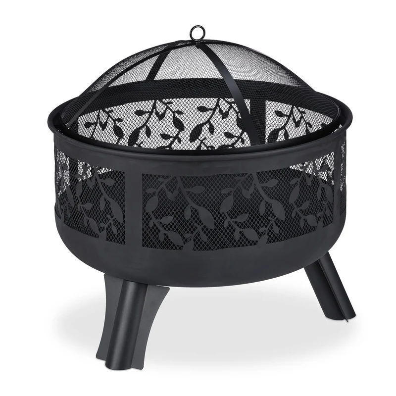Brasero en métal pour extérieur jardin terrasse 70 x 70 x 30 cm avec grillage protecteur ambiance conviviale en acier noir 13_0009098