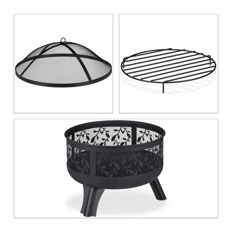 Brasero en métal pour extérieur jardin terrasse 70 x 70 x 30 cm avec grillage protecteur ambiance conviviale en acier noir 13_0009098