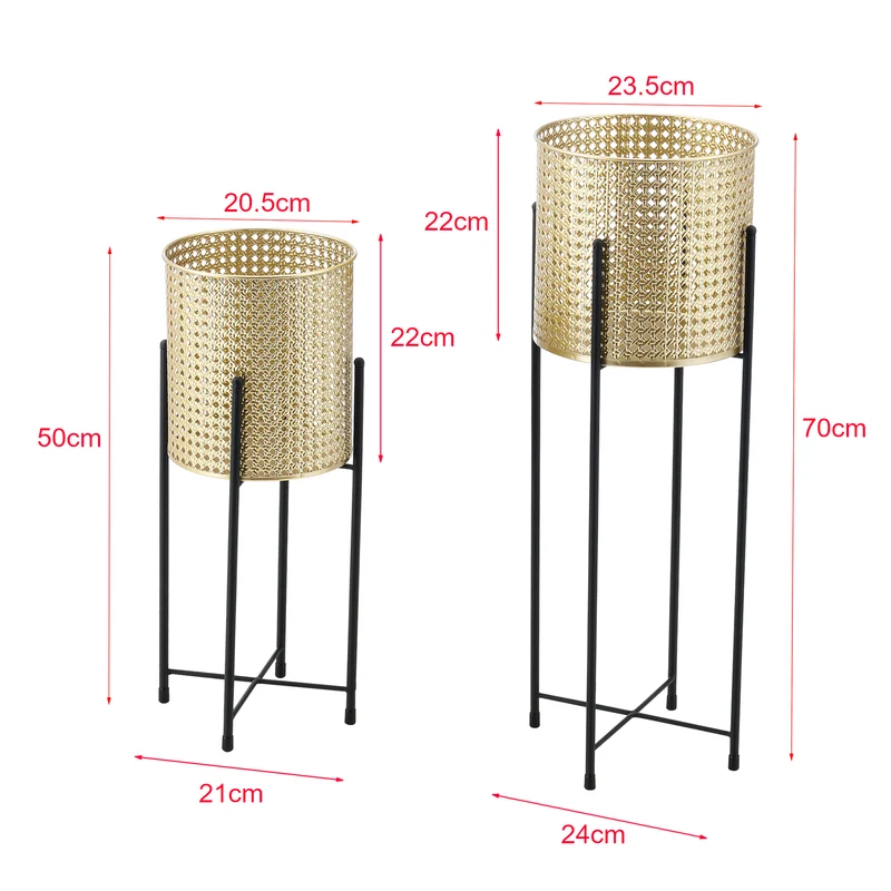 Set de 2 supports de plante ensemble cache-pot pot de fleur bac à fleurs vase métal tailles différentes noir doré 03_0006047