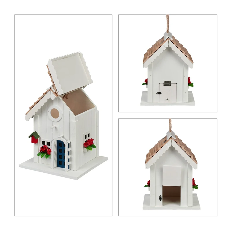 Cabane à oiseaux décorative rustique design campagnard 20 x 15 x 10 cm pour jardin balcon terrasse en bois naturel 13_0013640