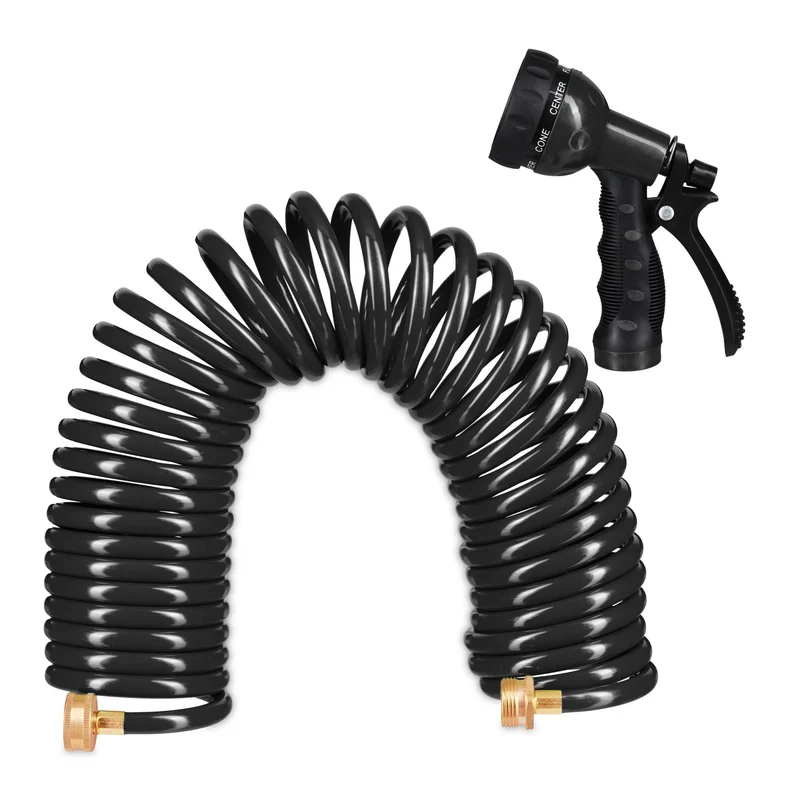 Lot de 1 tuyau d'arrosage spiralé extensible 10 m avec pistolet 7 modes pour jardin balcon terrasse en plastique noir 13_0011613