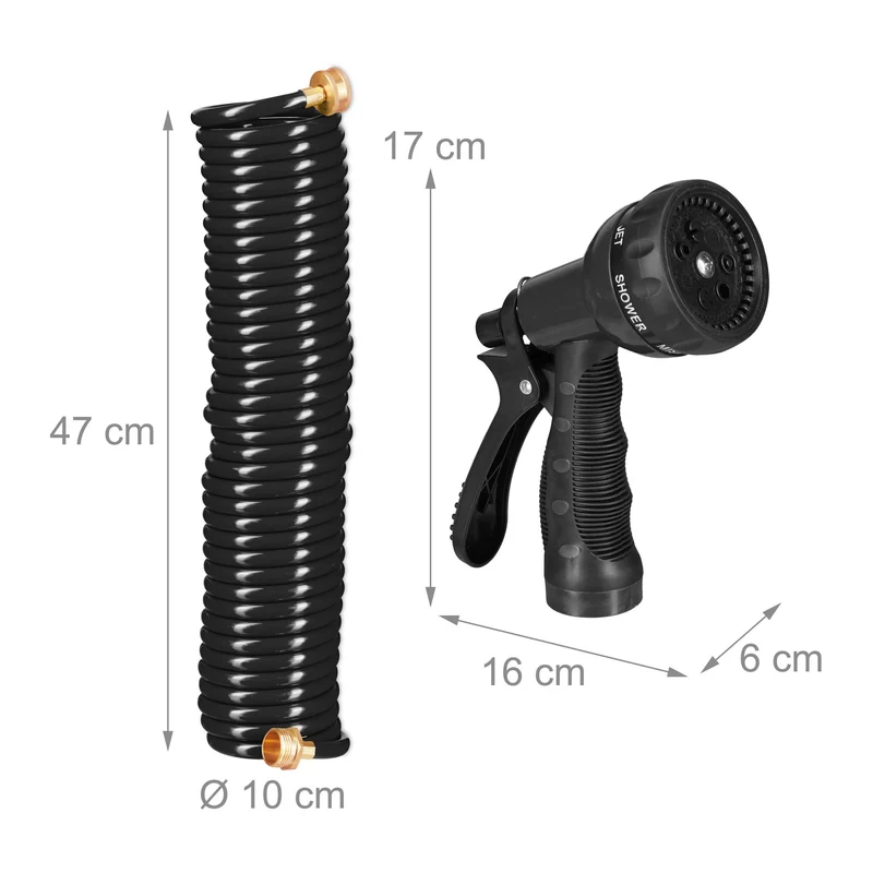 Lot de 1 tuyau d'arrosage spiralé extensible 10 m avec pistolet 7 modes pour jardin balcon terrasse en plastique noir 13_0011613