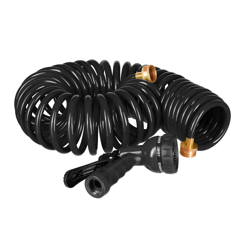 Lot de 1 tuyau d'arrosage spiralé extensible 10 m avec pistolet 7 modes pour jardin balcon terrasse en plastique noir 13_0011613