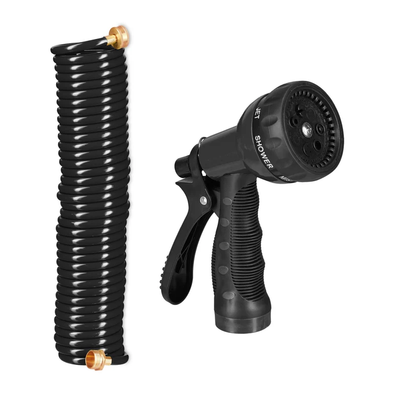 Lot de 1 tuyau d'arrosage spiralé extensible 10 m avec pistolet 7 modes pour jardin balcon terrasse en plastique noir 13_0011613