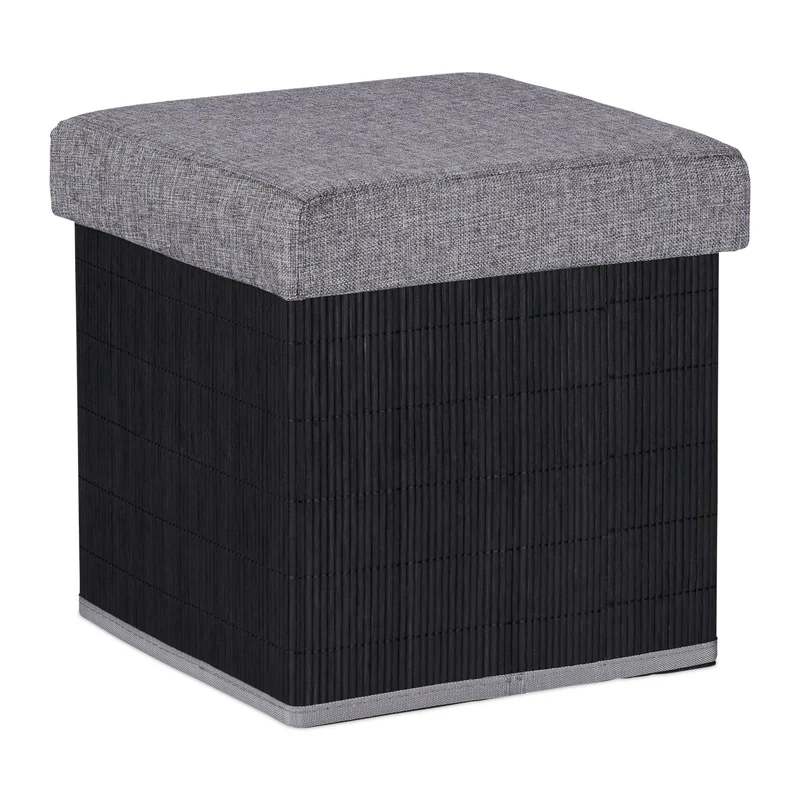Tabouret de rangement pliant design contemporain 40 x 40 x 40 cm assise confortable déco salon en bambou noir 13_0012164
