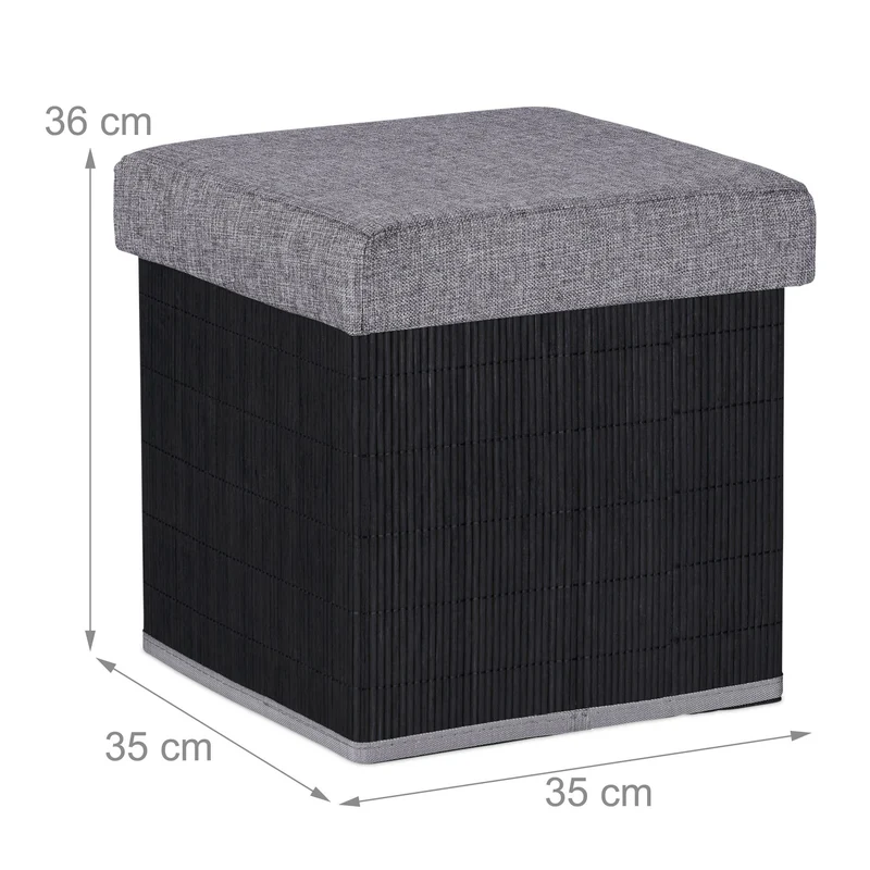 Tabouret de rangement pliant design contemporain 40 x 40 x 40 cm assise confortable déco salon en bambou noir 13_0012164