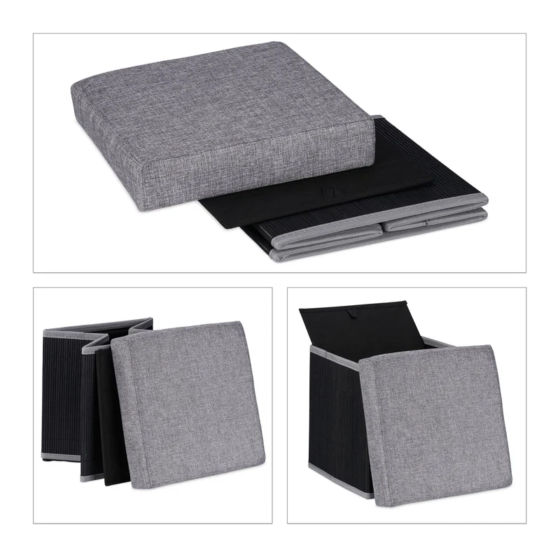 Tabouret de rangement pliant design contemporain 40 x 40 x 40 cm assise confortable déco salon en bambou noir 13_0012164