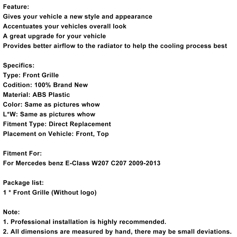 Grille Pare-Chocs Mercedes Classe E W207 C207 Coupé 2009-2013