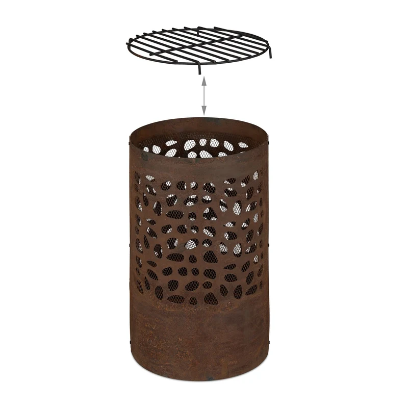 Brasero de jardin rustique avec pare-étincelles 70 x 70 x 30 cm support surélevé chauffage extérieur en acier corten 13_0011163