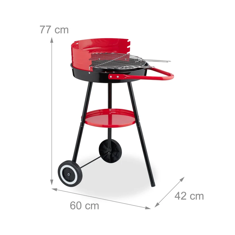 Barbecue rond mobile de jardin avec étagère et pare-vent 42 x 42 x 100 cm en acier émaillé noir 13_0016758