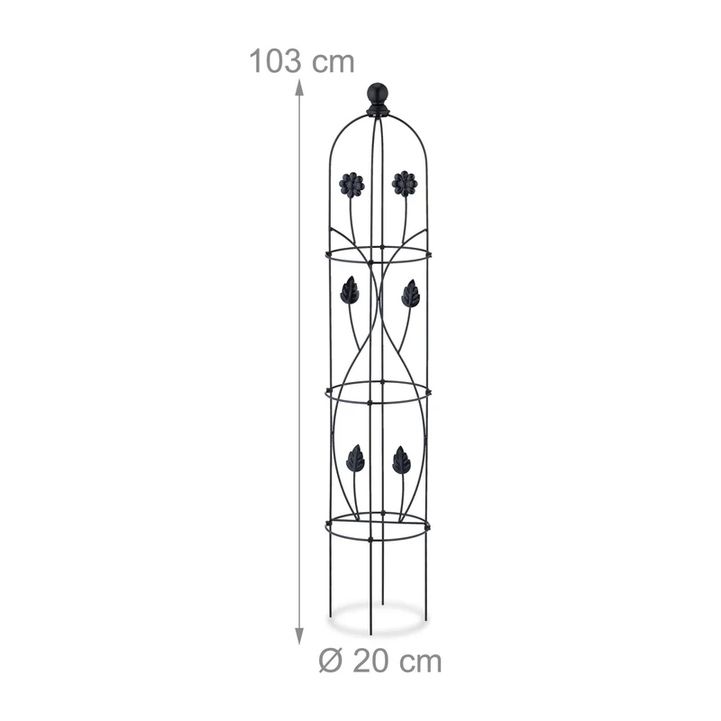 Lot de 2 tuteurs à tomates support plantes grimpantes 150 x 20 x 20 cm design floral élégant en métal noir 13_0012449
