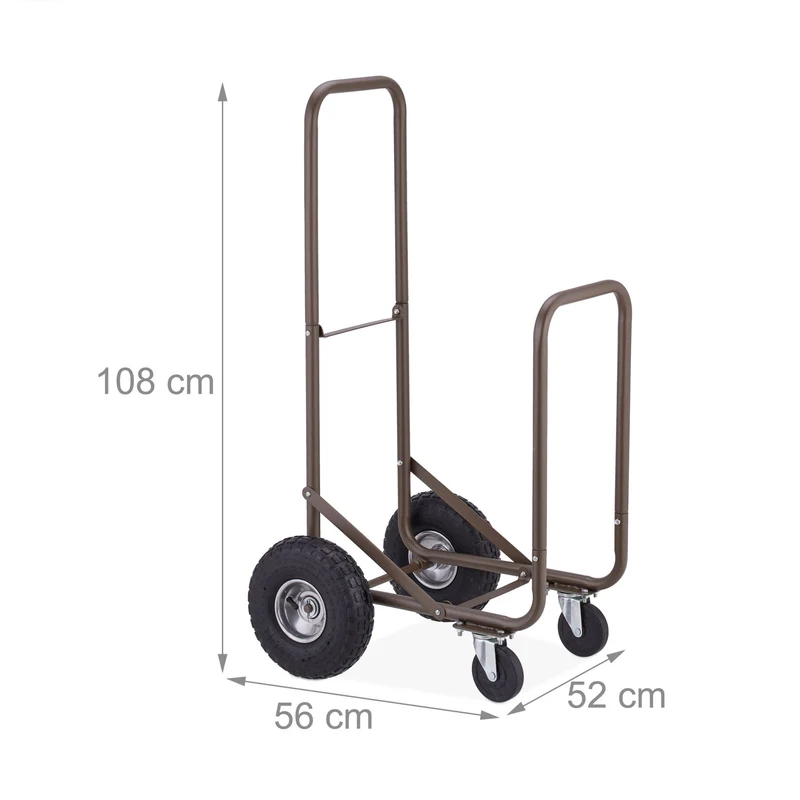 Chariot range-bûches pratique jardin intérieur avec roues pivotantes 80 x 40 x 40 cm en acier marron 13_0013926