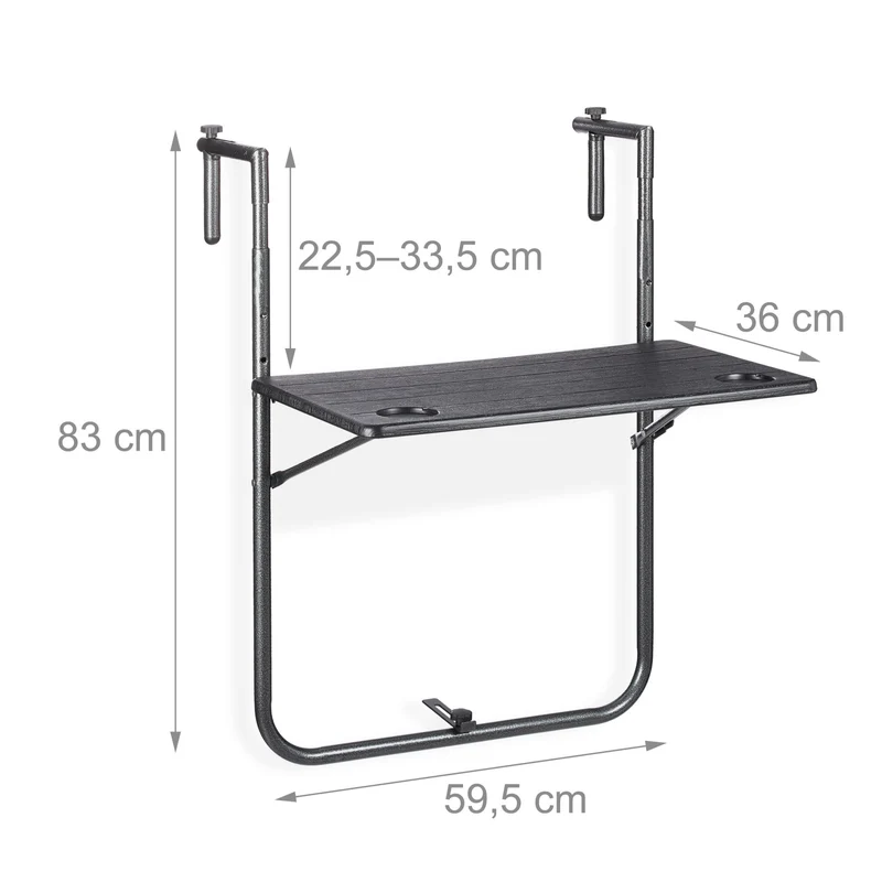 Table suspendue rabattable pour balcon pratique 60 x 40 cm avec porte-boissons style contemporain en plastique noir 13_0010260