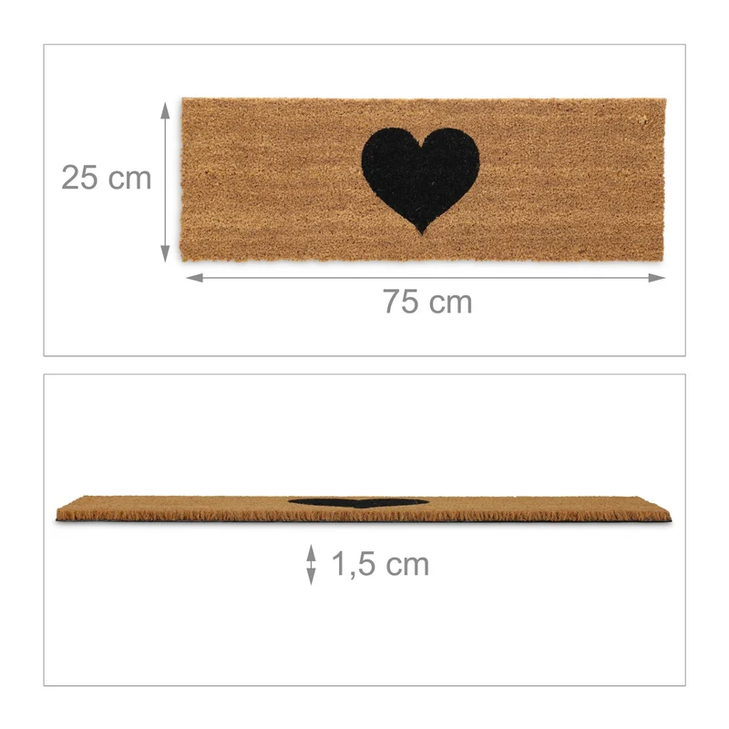 Tapis de porte antidérapant intérieur extérieur motif coeur 80 x 40 x 1 cm en fibres de coco marron 13_0015586