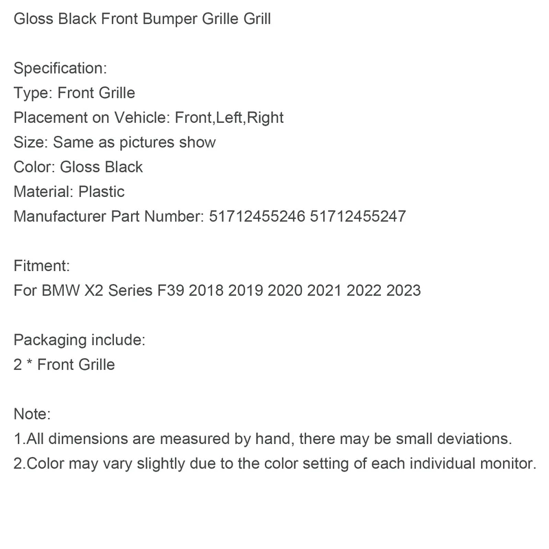 Grille Avant Noir Brillant BMW X2 Série F39 2018-2023