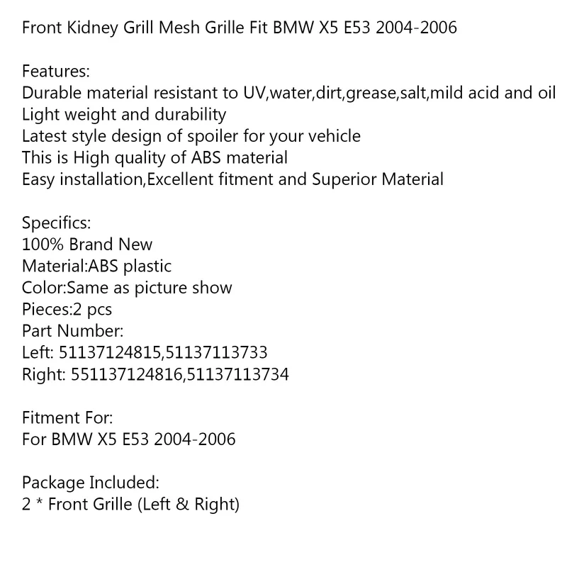 Grille Calandre Avant Noir Brillant BMW X5 E53 2004-2006