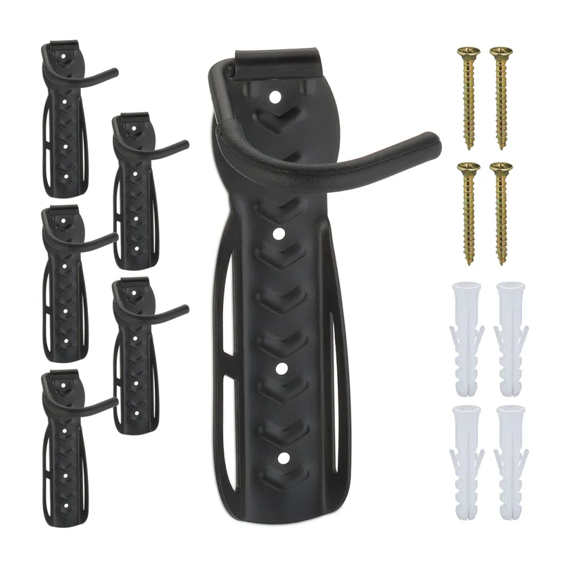 Lot de 6 supports muraux pour vélo rangement vertical fixé au mur garage cave 25 kg en plastique noir 13_0012789