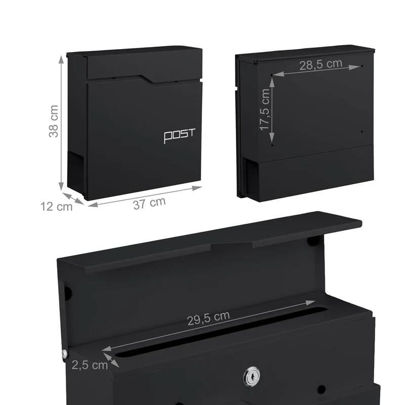 Boîte aux lettres murale moderne pratique 38 x 37 x 12 cm avec porte-journaux en métal noir 13_0017439
