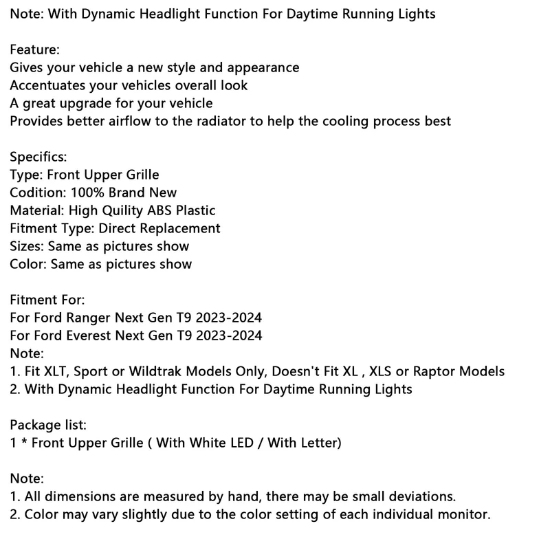 Grille Calandre Ford Ranger Everest Wildtrak 2023-2024 LED