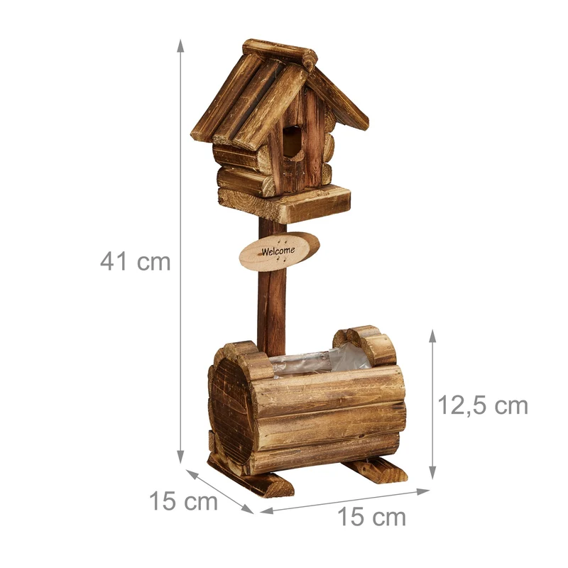 Cabane à oiseaux décorative avec jardinière pour balcon ou terrasse 30 x 20 x 25 cm en bois de sapin flambé 13_0015249
