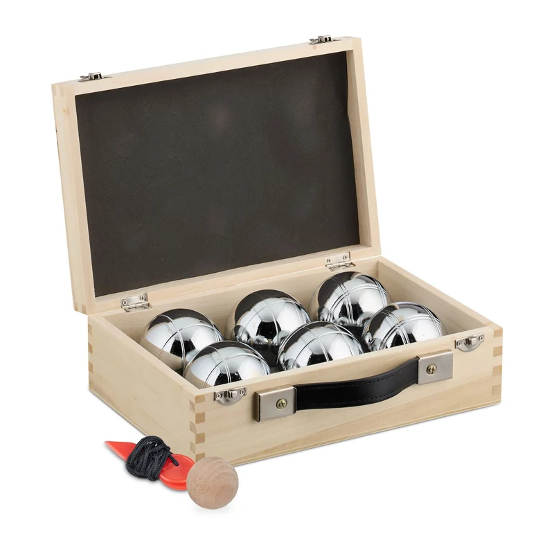 Lot de 6 boules de pétanque acier pour loisir jardin rangement pratique en bois gris 13_0015905