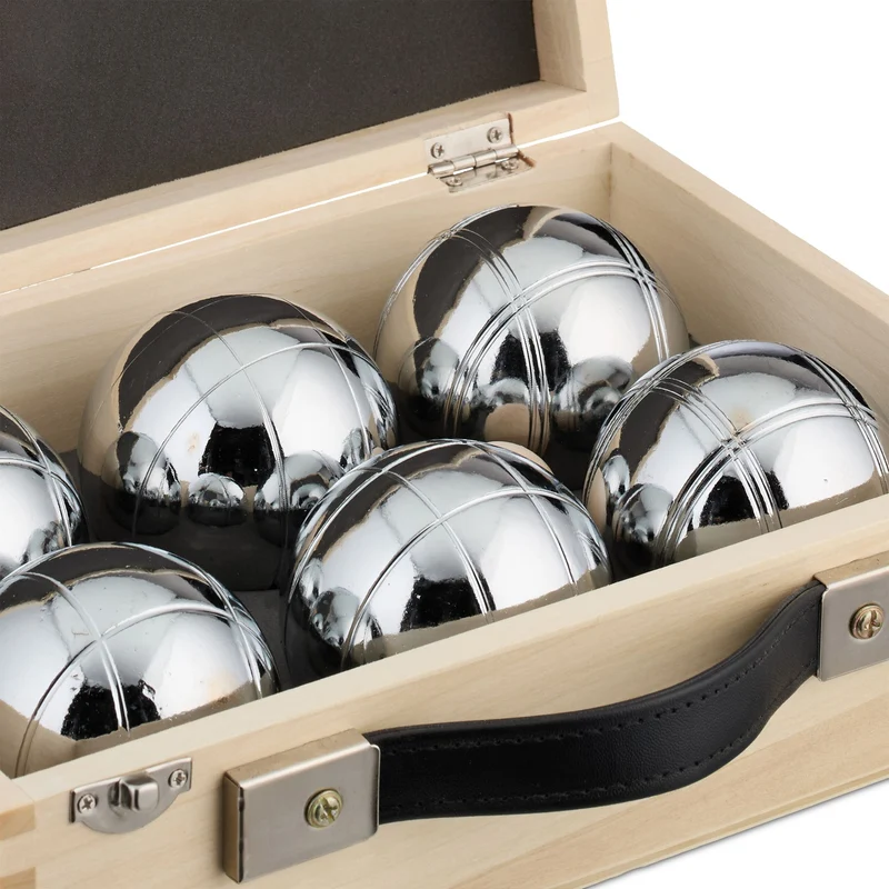 Lot de 6 boules de pétanque acier pour loisir jardin rangement pratique en bois gris 13_0015905