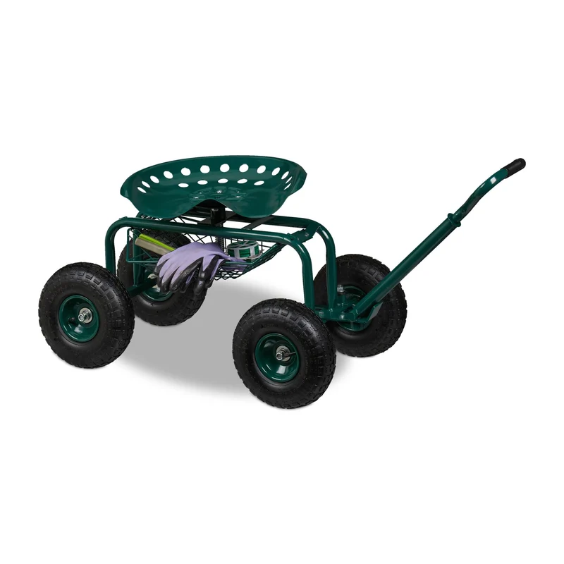 Lot de 1 siège roulant de jardin ajustable 45-54 x 43 x 82 cm pratique avec panier rangement en acier vert 13_0016093