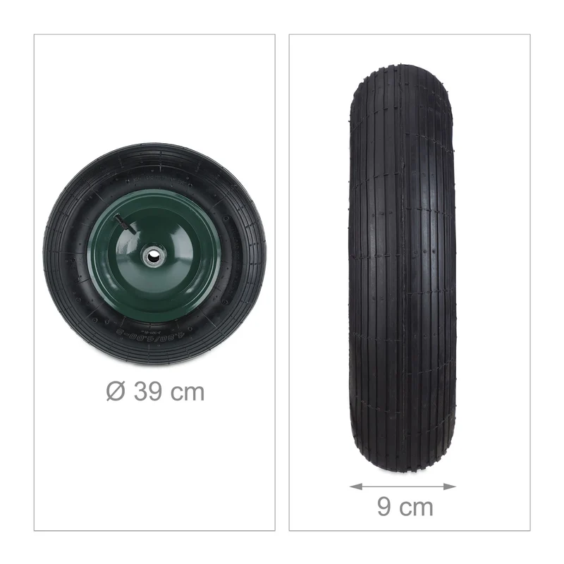 Roue de brouette pneumatique avec valve confort de conduite 4.80 x 4.00-8 en acier verte 13_0010698