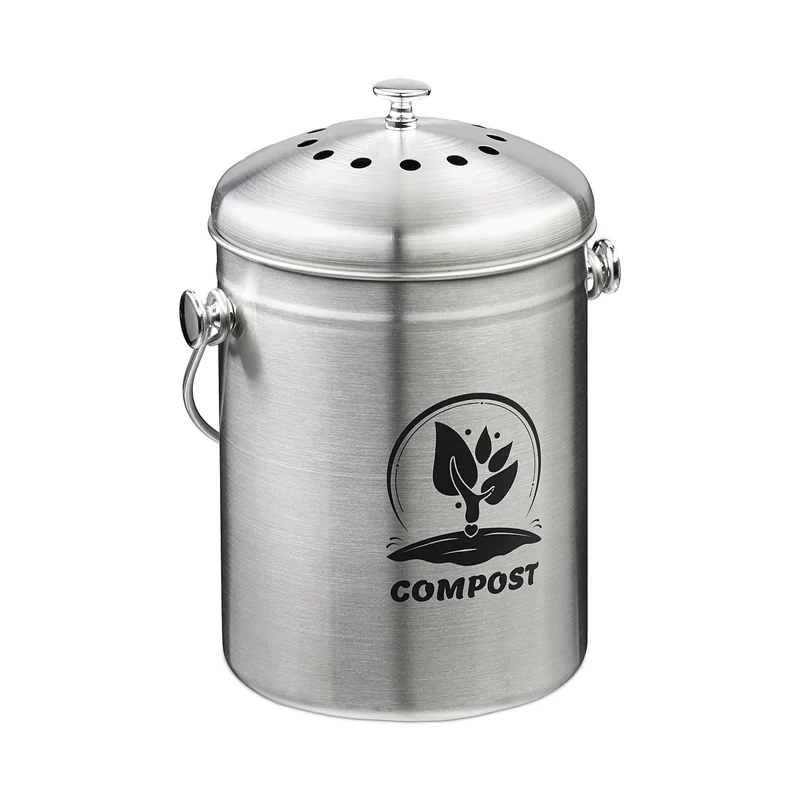 Seau à compost 5 litres design rustique portable cuisine finition mate 29 x 21 x 18,5 cm en acier inoxydable gris 13_0017236