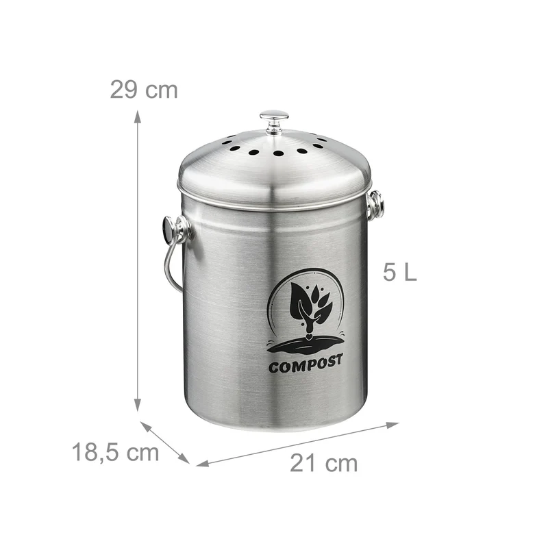 Seau à compost 5 litres design rustique portable cuisine finition mate 29 x 21 x 18,5 cm en acier inoxydable gris 13_0017236
