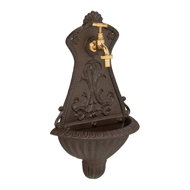 Fontaine murale décorative antique jardin pratique avec robinet doré 42 x 24,5 x 11,5 cm en fonte gris 13_0016811