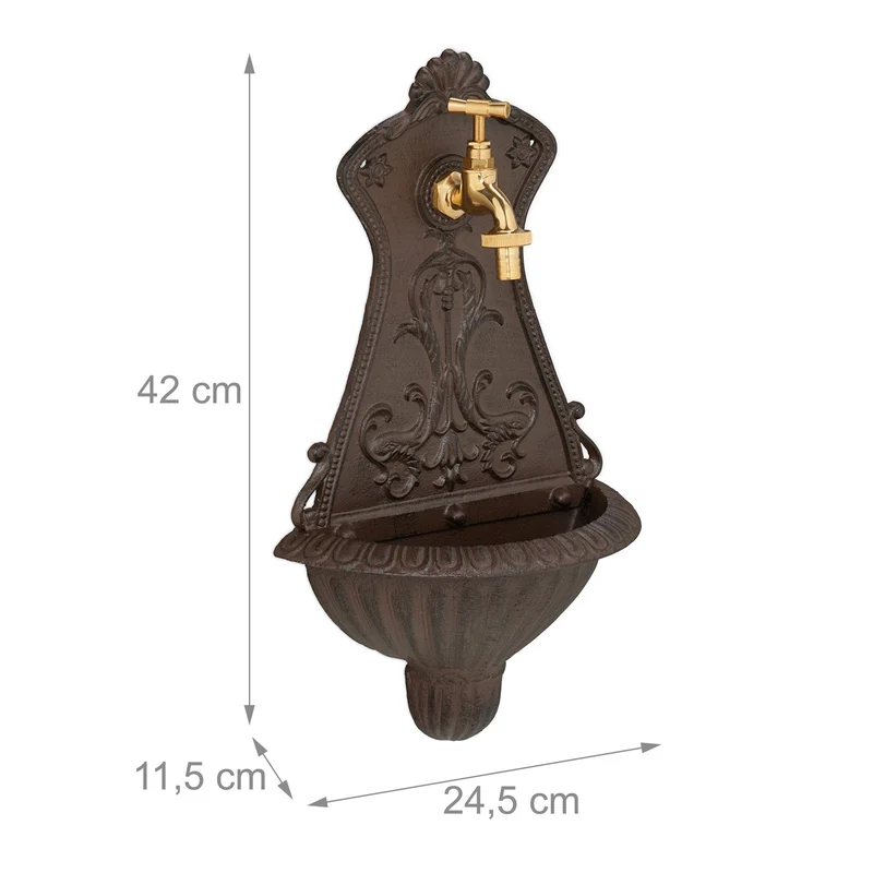 Fontaine murale décorative antique jardin pratique avec robinet doré 42 x 24,5 x 11,5 cm en fonte gris 13_0016811