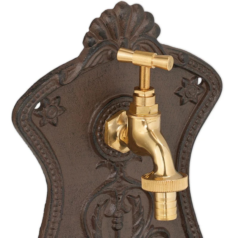 Fontaine murale décorative antique jardin pratique avec robinet doré 42 x 24,5 x 11,5 cm en fonte gris 13_0016811