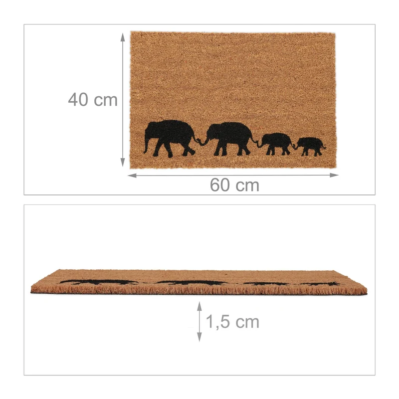 Tapis paillasson décoratif intérieur extérieur 75 x 45 cm motifs éléphants en fibres de coco marron 13_0015613