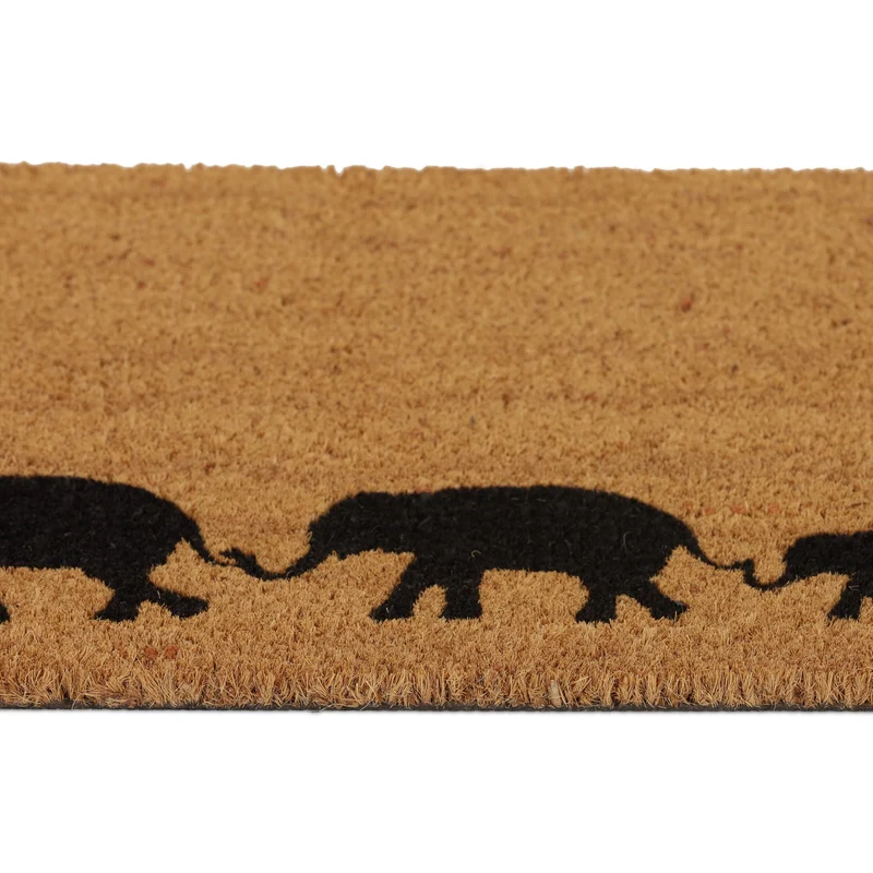 Tapis paillasson décoratif intérieur extérieur 75 x 45 cm motifs éléphants en fibres de coco marron 13_0015613