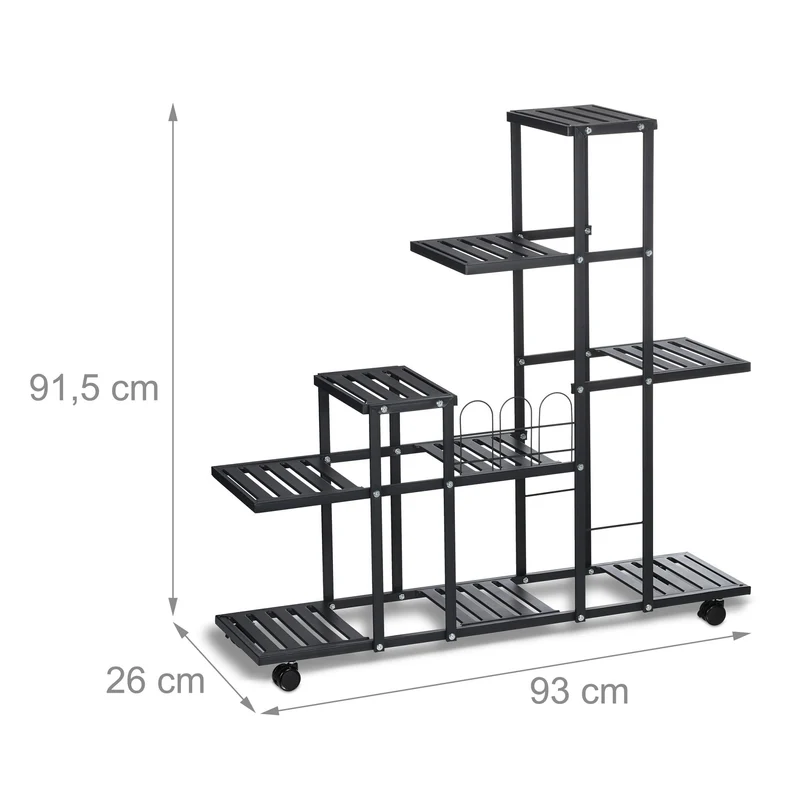 Étagère à plantes design moderne 9 emplacements 93 x 30 x 130 cm avec roulettes et freins en acier noir 13_0015108