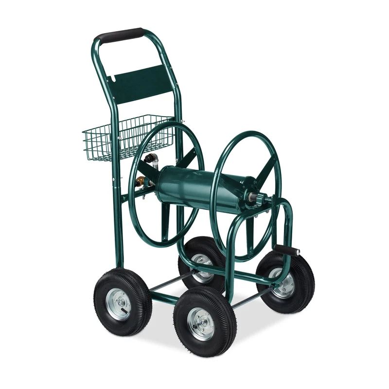 Dévidoir tuyau d'arrosage chariot enrouleur 4 roues pneumatiques montage rapide jardin ergonomique en métal vert 13_0009340