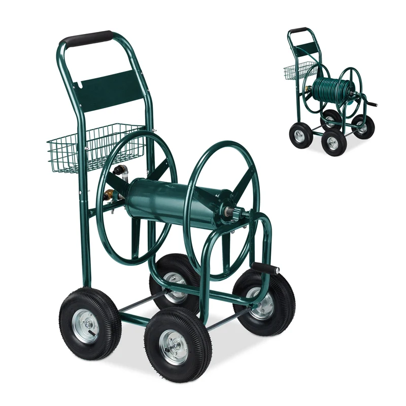 Dévidoir tuyau d'arrosage chariot enrouleur 4 roues pneumatiques montage rapide jardin ergonomique en métal vert 13_0009340