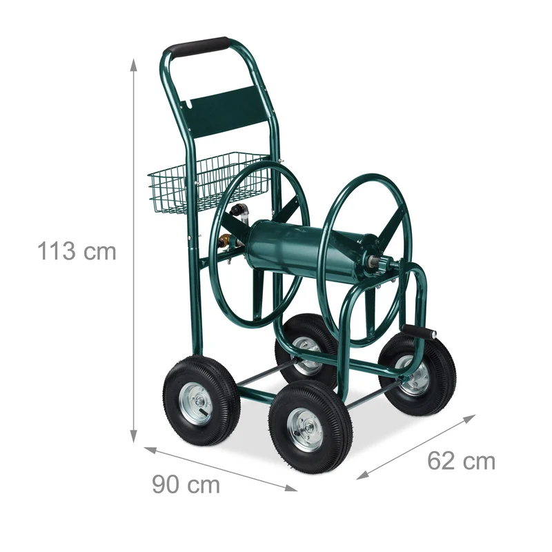 Dévidoir tuyau d'arrosage chariot enrouleur 4 roues pneumatiques montage rapide jardin ergonomique en métal vert 13_0009340