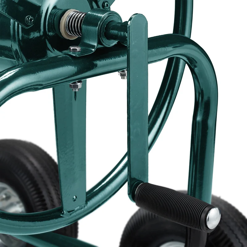 Dévidoir tuyau d'arrosage chariot enrouleur 4 roues pneumatiques montage rapide jardin ergonomique en métal vert 13_0009340