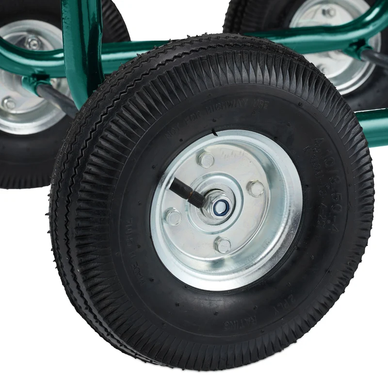 Dévidoir tuyau d'arrosage chariot enrouleur 4 roues pneumatiques montage rapide jardin ergonomique en métal vert 13_0009340