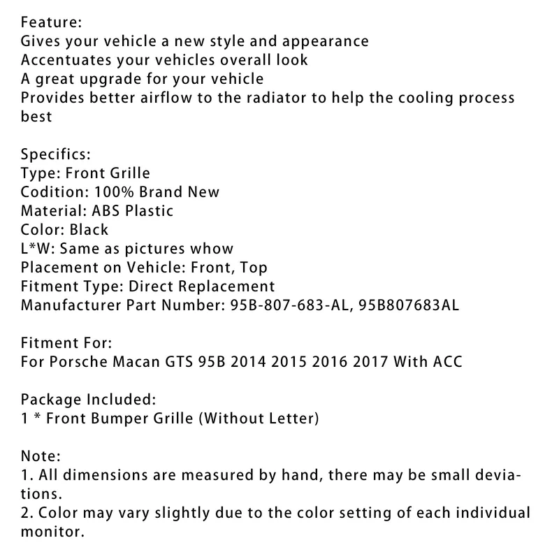 Grille Pare-Chocs Porsche Macan GTS 2014-2017