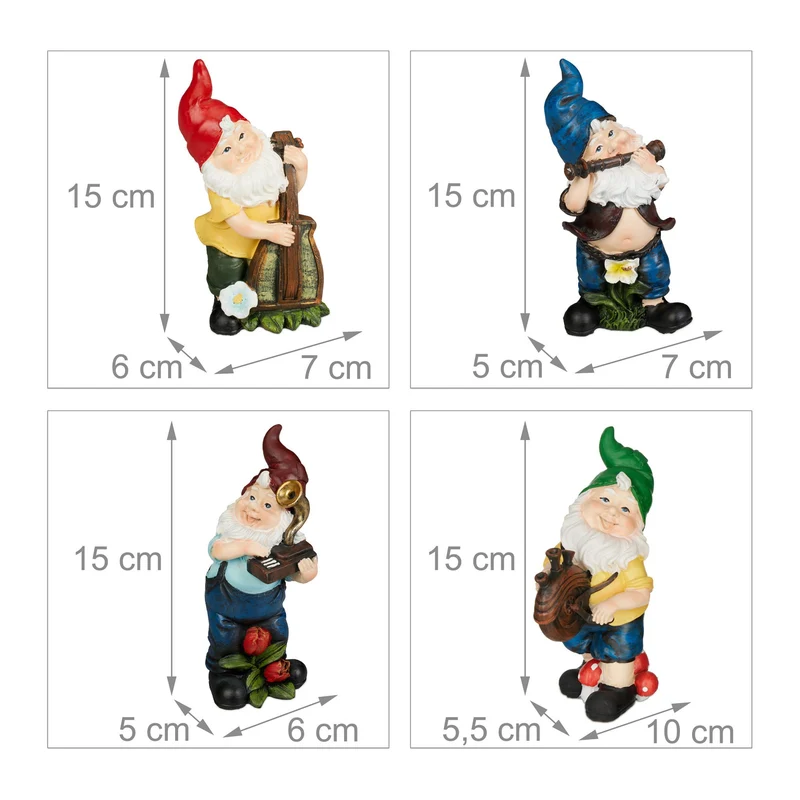 Lot de 4 nains de jardin musiciens décoration extérieur 25 x 10 x 10 cm en pierre artificielle gris 13_0013131