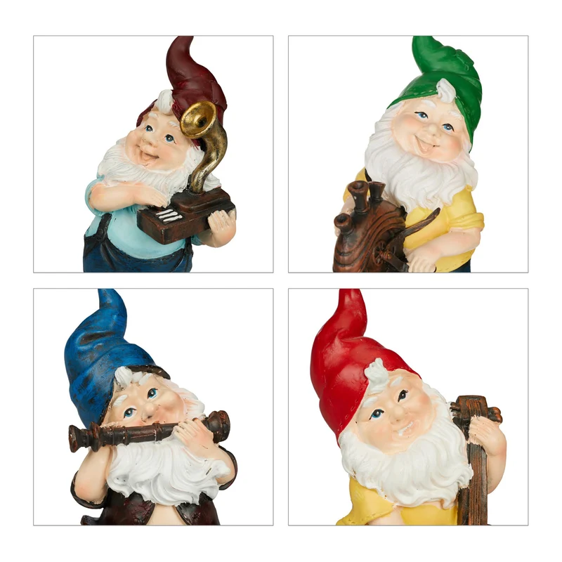 Lot de 4 nains de jardin musiciens décoration extérieur 25 x 10 x 10 cm en pierre artificielle gris 13_0013131
