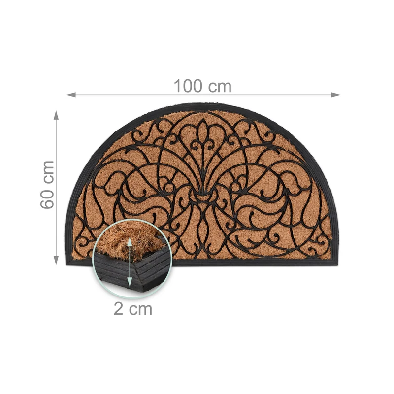 Paillasson semi-circulaire intérieur extérieur 80 x 50 cm résistant aux intempéries antidérapant en fibres de coco marron 13_0017096