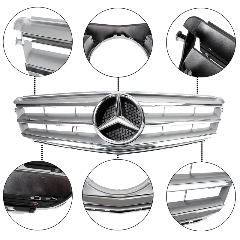 Calandre Centrale Mercedes W204 C300 C350 2008-2014 Argent Avec LED
